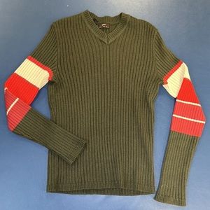 ZARA Sz M gorgeous olive green wool, blend V-neck sweater with red stripes